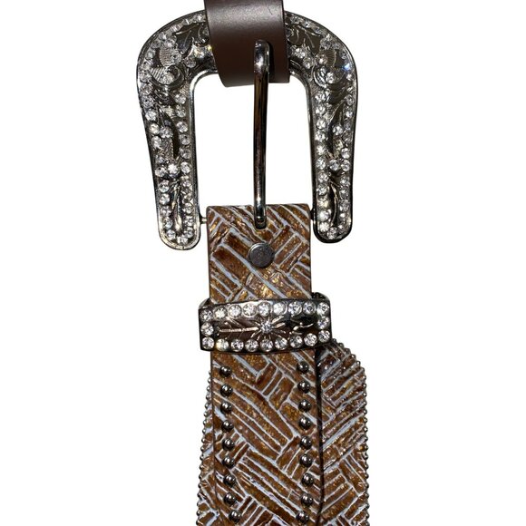 Ariat Wide Brown Western Rhinestone & Turquoise Genuine Leather Belt XL With Sil - Picture 3 of 11
